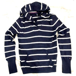 TOMMY HILFIGER Women Hoodie Sweater‎ Top Navy White Stripes Size M